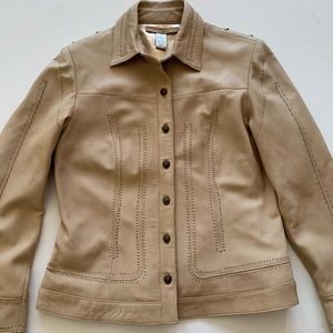 Chico’s tan laser cut leather button down jacket M